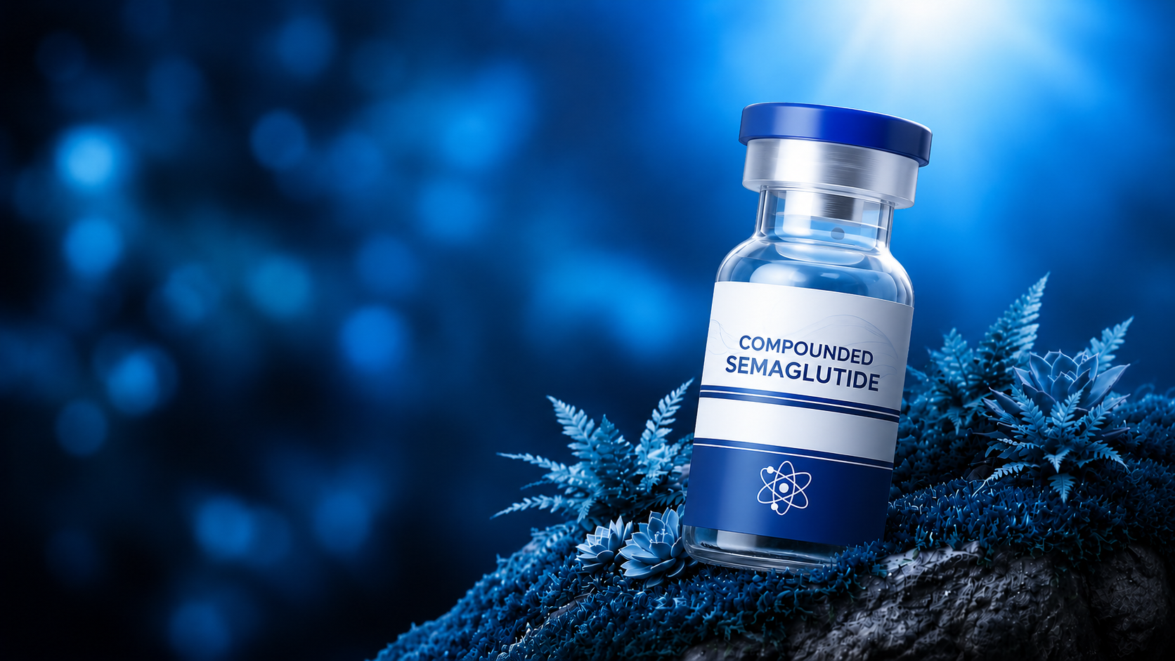 Your Brand peptide vial on a naturalistic blue landscape